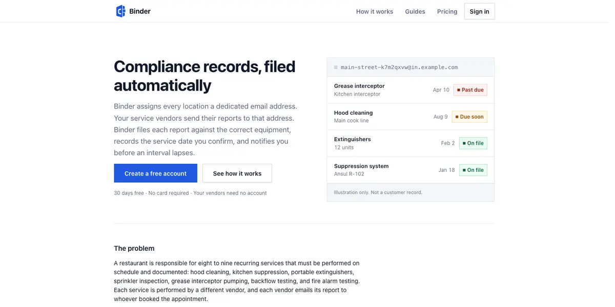 The Compliance Binder home page: compliance records filed automatically, with a list of services and their status.