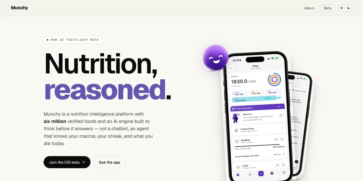 The Munchy home page: a nutrition platform, shown with the app's daily plan on a phone.
